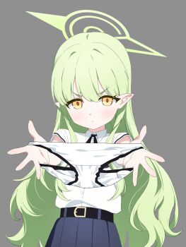 1girl :/ belt black_belt blue_archive blue_skirt blush foreshortening gogoco green_hair green_halo halo highres hikari_(blue_archive) holding holding_panties holding_underwear holding_unworn_clothes loli long_hair looking_at_viewer outstretched_arms panties presenting_removed_panties shirt short_sleeves sidelocks skirt solo underwear upper_body v-shaped_eyebrows white_panties white_shirt yellow_eyes