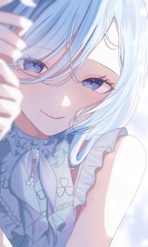 Rule 34 | 1girl, 7naako5, bare shoulders, blue eyes, blue hair, blue shirt, closed mouth, commentary request, eyes visible through hair, hair between eyes, hair over one eye, highres, hinomori shizuku, long hair between eyes, looking at viewer, loosely tucked bangs, mole, mole under mouth, project sekai, shirt, sleeveless, sleeveless shirt, smile, solo, upper body