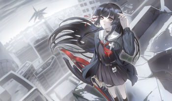 1girl absurdres black_choker black_hair black_jacket black_shirt black_skirt breasts chisa_(wuthering_waves) choker commentary_request hair_ribbon hand_up highres holding holding_sword holding_weapon jacket long_hair long_sleeves looking_at_viewer medium_breasts mimang_xiao_fa_shou mole mole_under_eye on_rooftop orange_eyes parted_lips red_ribbon ribbon sailor_collar shirt skirt solo sword weapon white_sailor_collar wind wuthering_waves