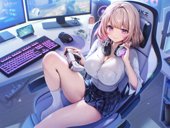 1girl black_skirt blush bra bra_visible_through_clothes breasts brown_hair chair cleavage clothes_lift collarbone collared_shirt computer computer_keyboard computer_mouse controller desk game_controller gaming_chair gomashio_ponz headphones highres holding holding_controller holding_game_controller indoors knee_up large_breasts long_hair looking_at_viewer medium_hair monitor original panties power_bank purple_eyes purple_panties school_uniform shirt shirt_tucked_in sitting skirt skirt_lift smile socks solo speaker swivel_chair thighs underwear white_shirt white_socks wooden_floor