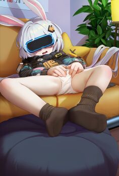 1girl akifn ananta animal_ears black_socks couch feet female_masturbation fingering fingering_through_clothes fingering_through_panties full_body grey_hair hair_ornament head-mounted_display highres indoors jacket legs loli long_hair long_sleeves lying masturbation no_pants no_shoes on_back on_couch open_mouth paid_reward_available panties rabbit_ears rabbit_girl socks soles solo spread_legs taffy_(ananta) teeth through_clothes tongue tongue_out twintails underwear upper_teeth_only white_panties