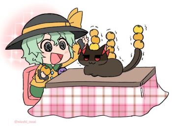 1girl :d black_cat black_eyes black_hat cat food fruit green_hair hat hat_ribbon kaenbyou_rin kaenbyou_rin_(cat) komeiji_koishi kotatsu mandarin_orange multiple_tails noai_nioshi open_mouth red_eyes ribbon shirt short_hair sitting smile star_(symbol) table tail touhou twitter_username two_tails white_background yellow_ribbon yellow_shirt