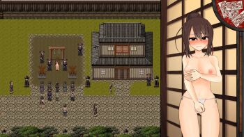 1girl audience black_eyes blush botan_(kunoichi_botan) breasts bright_pupils brown_hair covering_breasts covering_crotch covering_privates embarrassed enokifu fundoshi game_cg guard hair_bun japanese_clothes kunoichi_botan large_breasts nervous_sweating nipples public_indecency sweat tears underwear video_game white_pupils