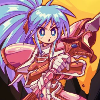 Rule 34 | 1girl, armor, blue eyes, blue hair, corque lans, double blade, faussete amour, gloves, hair ribbon, hands up, high ponytail, holding, holding weapon, khael, leotard, long hair, parted lips, pauldrons, pink armor, ponytail, red leotard, red ribbon, ribbon, shoulder armor, solo, weapon, white gloves