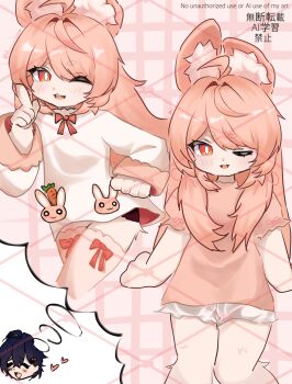 0_com 2girls ahoge animal_ear_fluff animal_ear_piercing animal_ears belle_(zenless_zone_zero) bright_pupils commentary_request furry furry_female highres long_hair looking_at_viewer multiple_boys multiple_girls open_mouth pajamas pink_fur pink_hair rabbit_ears rabbit_girl red_eyes shirt short_eyebrows thick_eyebrows white_pupils zenless_zone_zero zhao_(zenless_zone_zero)