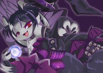 1girl :3 animal_hands black_background black_collar black_hair black_hat black_shirt blunt_bangs book bow cat check_clothing claws clothing_request collar commentary_request duel_monster fairy_tail-wickat fairy_tail_wickat fang furry furry_female grey_fur hat hat_ornament hat_ribbon highres holding holding_orb long_sleeves looking_at_viewer multicolored_hair na_gara open_book open_mouth orb pants purple_bow purple_hair purple_pants purple_ribbon red_eyes ribbon shirt short_hair simple_background smile solo spiked_collar spikes star_(symbol) star_hat_ornament streaked_hair tail tail_bow tail_ornament unworn_hat unworn_headwear white_hair witch_hat yu-gi-oh!