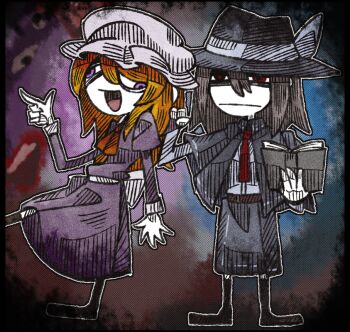 2girls :d :| ascot belt black_capelet black_hair black_hat black_skirt blonde_hair book bow brown_belt capelet closed_mouth dress gap_(touhou) hair_between_eyes hat hat_bow holding holding_book long_dress maribel_hearn mob_cap multiple_girls necktie open_mouth orange_ascot pointing purple_dress purple_eyes red_eyes sash shirt skirt smile standing standing_on_one_leg suenari_(peace) touhou usami_renko what white_bow white_shirt