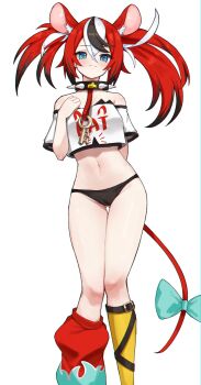1girl animal_ears black_panties black_streaks blue_eyes bow breasts closed_mouth collar gluteal_fold hair_between_eyes hakos_baelz hakos_baelz_(1st_costume) highres hololive hololive_english kneehighs leg_warmers long_hair looking_at_viewer medium_breasts mouse_ears mouse_girl mouse_tail multicolored_hair multicolored_skirt navel panties red_hair red_leg_warmers shirt simple_background single_kneehigh single_leg_warmer single_sock skaarl_(artist) skirt socks solo spiked_collar spikes streaked_hair tail tail_bow tail_ornament twintails underwear virtual_youtuber white_background white_shirt white_streaks yellow_socks