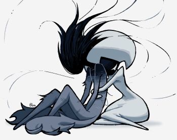 Rule 34 | 1girl, 1other, artist name, black hair, black skin, blank eyes, blinibunny, bodysuit, colored skin, commentary, dress, english commentary, floating hair, full body, grey dress, hat, highres, hollow knight, hollow knight: silksong, hug, hug from behind, lace (hollow knight), no mask, phantom (hollow knight), siblings, simple background, sitting, white background, white bodysuit, white eyes, white hat