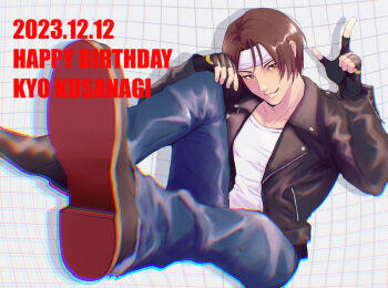 Rule 34 | 1boy, black boots, black gloves, black jacket, blue pants, blurry, blurry foreground, boots, brown eyes, brown hair, commentary request, dated, denim, fingerless gloves, gloves, grid background, hand on own knee, happy birthday, head tilt, headband, highres, jacket, jeans, kusanagi kyou, leather, leather jacket, looking at viewer, male focus, nahogiisio, open clothes, open jacket, pants, pointing, pointing up, shirt, short hair, smile, solo, the king of fighters, white headband, white shirt