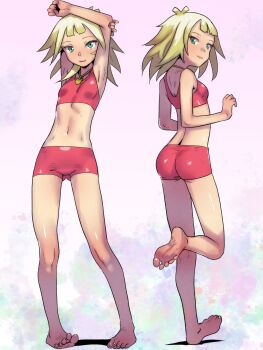 1girl ass barefoot blonde_hair feet green_eyes highres long_hair looking_at_viewer smile soles soon_(c-u-soon) toes