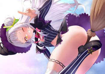 1girl ;d arched_bangs ass between_buttocks black_capelet black_gloves black_hat black_jacket black_shoes black_skirt black_thighhighs bow bowtie broom broom_riding capelet commentary cone_hair_bun cropped_jacket dutch_angle faubynet gloves grey_hair grin hair_bun hairband hand_up hat hexagram_hair_ornament highres hololive jacket knees_out_of_frame loafers long_hair long_sleeves looking_at_viewer microskirt midriff murasaki_shion murasaki_shion_(1st_costume) one_eye_closed open_mouth pentagram pink_bow pink_bowtie pinstripe_jacket pinstripe_pattern purple_capelet shoes short_eyebrows side_up_bun sidelocks single_side_bun skirt smile solo striped_clothes striped_thighhighs thighhighs vertical-striped_clothes vertical-striped_thighhighs virtual_youtuber witch_hat yellow_eyes