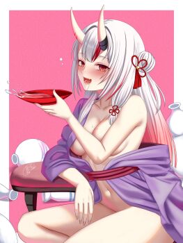1girl absurdres alcohol alternate_costume arm_rest bare_legs bare_shoulders blunt_bangs blush border bottle breasts cleavage clothes_down commentary_request convenient_arm cup drooling drunk fang fingernails gradient_hair hair_bun hair_ornament highres holding holding_cup hololive horns japanese_clothes kimono kimono_partially_removed kizakura_art large_breasts long_hair long_sleeves looking_at_viewer multicolored_hair naked_kimono nakiri_ayame navel obi oni open_mouth outside_border pink_background purple_kimono red_eyes red_hair sakazuki sake sake_bottle sash single_side_bun sitting skin-covered_horns skin_fang solo streaked_hair tassel tassel_hair_ornament tokkuri virtual_youtuber white_border white_hair yokozuwari yukata