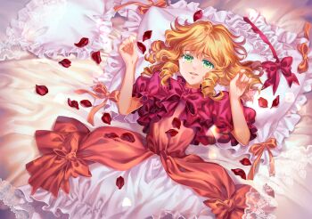 1girl blonde_hair dress fleta_(pocket_mirror) frilled_dress frilled_skirt frilled_sleeves frills game_cg green_eyes kirame_kirai lace non-web_source official_art on_bed petals pillow pink_ribbon pocket_mirror red_ribbon ribbon rose_petals skirt tearing_up