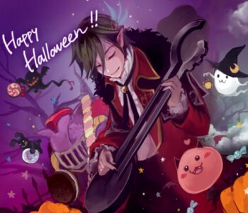 Rule 34 | 1boy, :3, black hair, black pants, closed eyes, closed mouth, coat, commentary request, double neck guitar, dullahan (ragnarok online), fang, ghost, gobaku no hito, guitar, happy halloween, holding, holding guitar, holding instrument, instrument, lowres, lude (ragnarok online), male focus, minstrel (ragnarok online), outdoors, pants, pointy ears, poring, pumpkin, purple sky, quve (ragnarok online), ragnarok masters, ragnarok online, red coat, shirt, short hair, sky, slime (creature), smile, solo, upper body, white shirt