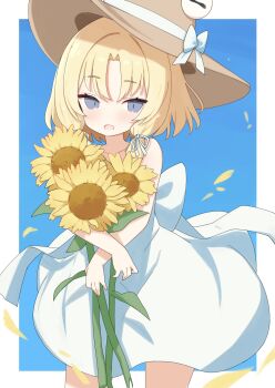 1girl blonde_hair blue_background blue_eyes blush border burumanoeat dress flower hat highres looking_at_viewer moriya_suwako open_mouth outside_border solo sunflower touhou white_border white_dress