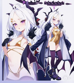 1girl armband bikini black_gloves black_halo black_thighhighs blue_archive blush boots breasts coat coat_on_shoulders collarbone covered_navel demon_horns demon_wings full_body gloves gold_bikini gold_one-piece_swimsuit halo highres hina_(blue_archive) horns jacket karaage_(xxxmido02) loli long_hair looking_at_viewer name_tag navel old_school_swimsuit one-piece_swimsuit open_clothes open_jacket open_mouth purple_eyes school_swimsuit simple_background small_breasts swimsuit thighhighs very_long_hair white_background white_hair wings yellow_bikini