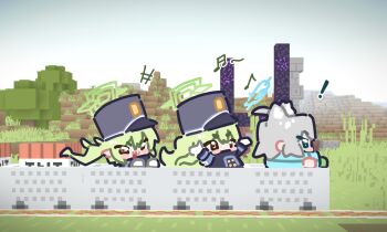 Rule 34 | !, 3girls, animal ears, blue archive, blue halo, chibi, chibi only, commentary, day, explosive, grass, green hair, green halo, grey hair, halo, hat, highres, hikari (blue archive), ishikoro24, long hair, minecart, minecraft, multiple girls, musical note, nozomi (blue archive), outdoors, shiroko (blue archive), tnt, tnt block (minecraft)