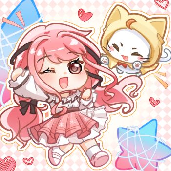 1girl ^_^ ahoge animal argyle_background backlighting belt black_belt black_bow black_ribbon blush_stickers bow bow_choker bow_legwear bowtie brown_eyes buttons cat center_frills chibi chinese_commentary choker cloak closed_eyes clothed_animal commentary_request ear_covers eyelashes fang fist_pump floating_hair frilled_shirt frilled_sleeves frills hair_bow hair_ribbon happy heart highres hood hood_up hooded_cloak infinity_nikki kneehighs layered_skirt light_blush long_hair long_sidelocks long_sleeves low_twintails mary_janes medium_skirt momo_(nikki) nikki_(nikki) nikki_(series) notice_lines off-shoulder_shirt off_shoulder one_eye_closed open_mouth outline paw_pose pawpads pink_background pink_bow pink_bowtie pink_choker pink_hair pink_shoes pink_skirt pleated_skirt print_skirt puffy_long_sleeves puffy_sleeves red_bow red_bowtie ribbon shirt shoes sidelocks skirt sleeves_past_wrists smile snowflake_print socks traditional_bowtie tress_ribbon twintails two-tone_background very_long_hair whimstar_(infinity_nikki) whiskers white_background white_cat white_outline white_shirt white_skirt white_socks yellow_cloak yumeko0220