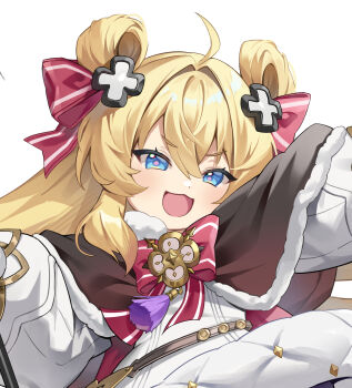 Rule 34 | 1girl, :d, absurdres, ahoge, belt, blonde hair, blue eyes, boots, bow, cape, cape clasp, close-up, coat, commentary request, cross hair ornament, dot nose, double-parted bangs, fluffy hair, fur-trimmed cape, fur trim, hair between eyes, hair bow, hair ornament, hair rings, highres, holding, long eyelashes, long hair, long sidelocks, obu (da1103ll), open mouth, original, pink pupils, puffy coat, sidelocks, smile, solo, tassel, twintails, very long hair, white background, winter clothes, winter coat