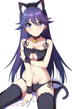 1girl absurdres animal_cutout animal_ears bell black_bra black_panties bra breasts cat_cutout cat_ear_panties cat_ears cat_lingerie cat_tail cleavage cleavage_cutout clothing_cutout frilled_bra frilled_thighhighs frilled_wrist_cuffs frills highres kuroki_rei looking_at_viewer medium_breasts neck_bell nonbe panties purple_eyes purple_hair side-tie_panties simple_background solo tail thighhighs underwear underwear_only vividred_operation white_background wrist_cuffs