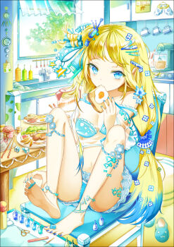 1girl animal_slippers anklet applying_pedicure bacon bad_id bad_pixiv_id bare_shoulders barefoot between_toes bikini blonde_hair blue_bra blue_hair blue_nails blue_panties blue_skirt bottle bra bread bread_slice breasts chair chopsticks cleavage clock collarbone comb cosmetics crop_top cup dishes eating egg egg_(food) faucet feet feet_on_chair female_focus fingernails flower food food_in_mouth fried_egg fried_egg_on_toast full_body hair_flower hair_ornament hair_rollers hands_on_feet highres indoors jaebau jewelry kitchen knees_up long_hair looking_at_viewer low_twintails meat microskirt milk_bottle milk_carton mixer_(cooking) mouth_hold mug multicolored_hair nail_polish nail_polish_bottle off-shoulder_shirt off_shoulder open_window panties pantyshot paper pitcher_(container) plant plate rug scissors see-through_clothes shirt sink sitting skirt slippers small_breasts soles solo star_(symbol) strap_slip streaked_hair swimsuit table toast toast_in_mouth toenail_polish toenails toes tree tsurime twintails two-tone_hair underwear unworn_slippers vegetable very_long_hair window