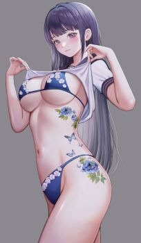 10_plus 1girl bikini blue_bikini blue_sailor_collar blush breasts clothes_lift collared_shirt commission cowboy_shot expressionless floral_print flower_tattoo grey_background hands_up highres large_breasts lifting_own_clothes long_hair micro_bikini navel navel_piercing original piercing purple_eyes purple_hair sailor_collar shirt shirt_lift short_sleeves sideboob sidelocks simple_background skeb_commission solo stomach swimsuit tattoo twitter_username underboob watermark white_shirt