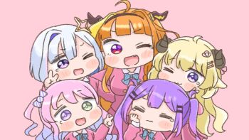 5girls ahoge amane_kanata animal_ears black_hairband blonde_hair blue_bow bow breasts chibi collared_shirt commentary_request diagonal-striped_bow dragon_horns green_eyes grey_hair hairband heterochromia highres himemori_luna hololive horns kiryu_coco long_hair medium_breasts mochimiko multicolored_hair multiple_girls orange_hair pink_background pink_sweater purple_eyes purple_hair red_eyes sheep_ears sheep_girl sheep_horns shirt simple_background single_hair_intake streaked_hair striped_bow sweater tokoyami_towa tsunomaki_watame twintails two-tone_hair very_long_hair virtual_youtuber white_shirt