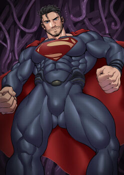 1boy abs beard black_hair blue_eyes bodysuit cape dc_comics facial_hair highres kryptonian looking_down male_focus mature_male muscular muscular_arms muscular_legs muscular_male pectorals superman tentacles thighs