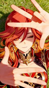 Rule 34 | absurdres, biker clothes, bikesuit, black bodysuit, bodysuit, chinese commentary, commentary request, earrings, flamestrider (genshin impact), genshin impact, highres, jewelry, mavuika ("sunset") (genshin impact), mavuika (genshin impact), one eye closed, orange eyes, orange hair, orange pupils, red hair, strapless bodysuit, sun earrings, symbol in eye, what is a happy planet