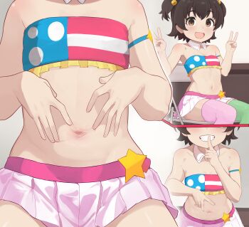 1girl absurdres akagi_miria blush brown_eyes brown_hair crop_top dallei finger_to_mouth highres idolmaster idolmaster_cinderella_girls loli looking_at_viewer midriff miniskirt multiple_views naughty_face navel_focus navel_spread pikapikapop short_hair shushing simple_background sitting skirt smile spread_navel