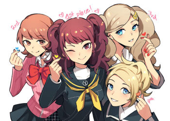 4girls ascot black_shirt blonde_hair blue_eyes blue_nails blush bow breasts brown_eyes brown_hair closed_mouth collared_shirt commentary company_connection crossover earrings english_commentary english_text eyelashes folded_ponytail hair_ornament hairclip hand_up head_tilt heart index_finger_raised jacket jewelry kujikawa_rise kuki_tan lips lisa_silverman long_hair long_sleeves looking_at_viewer medium_breasts medium_hair multiple_girls nail_polish one_eye_closed orange_nails parted_lips persona persona_2 persona_2_tsumi persona_3 persona_4 persona_5 pink_jacket red_bow red_nails sailor_collar school_uniform serafuku shirt short_hair sidelocks simple_background smile straight-on swept_bangs takamaki_anne takeba_yukari trait_connection twintails upper_body wavy_hair white_background white_sailor_collar white_shirt yellow_ascot yellow_nails