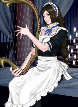 1girl brown_eyes brown_hair cai_wenji hairband harp highres instrument koukou_panchi long_hair maid shin_sangoku_musou sitting