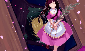 1girl apron bow brown_hair closed_eyes dress dress_bow dress_ribbon furahata_gen gate hidden_star_in_four_seasons highres holding medium_hair nishida_satono no_mouth petals puffy_sleeves purple_dress purple_shoes shoes solo tagme touhou waist_apron white_apron