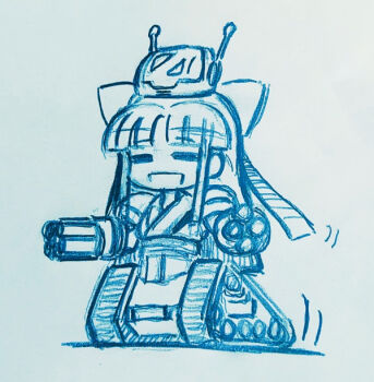 1girl ainu_clothes breasts closed_eyes hair_ribbon highres long_hair military_vehicle monochrome motor_vehicle nakoruru open_mouth ribbon samurai_spirits sketch small_breasts smile snk solo tank the_king_of_fighters tongue traditional_media weapon