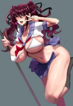 Rule 34 | 1girl, bikini, breasts, brown eyes, brown hair, bursting breasts, cleavage, earrings, eu03, heart, heart earrings, holding, holding staff, huge breasts, jewelry, kuramoto erika, large breasts, long hair, looking at viewer, mahou shoujo (raita), navel, open clothes, open mouth, open skirt, pleated skirt, sailor collar, school uniform, shirt, simple background, skirt, smile, solo, staff, string bikini, swimsuit, twintails, unbuttoned, v, wardrobe malfunction, white bikini, white shirt