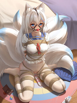 absurdres animal_ear_fluff animal_ears arms_behind_back ball_gag bdsm blue_eyes blue_hair blush bondage book bound breasts collared_shirt drooling frogtie frostbite_(artist) gag gag_harness gagged grey_hair heart heart-shaped_pupils highres hitachi_magic_wand indoors kitsune kyuubi long_hair medium_breasts midriff_peek multicolored_hair multiple_tails open_mouth original pantyhose pleated_skirt pussy_juice reading restrained sailor_collar self_bondage sex_toy shibari shibari_over_clothes shirt sitting skindentation skirt streaked_hair symbol-shaped_pupils tail trembling very_long_hair vibrator wariza white_pantyhose white_shirt wiffle_gag