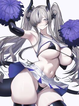 1girl absurdres alternate_costume alternate_hairstyle arknights armpits bikini black_bikini black_gloves black_thighhighs cameltoe cheerleader commentary_request crop_top dragon_girl dragon_horns dragon_tail elbow_gloves gloves highres holding holding_pom_poms horns long_hair looking_at_viewer miniskirt navel necrass_(arknights) parted_lips pom_pom_(cheerleading) pom_poms simple_background skirt solo stomach swimsuit tail thighhighs thighs twintails very_long_hair vxdrq white_background white_hair white_skirt