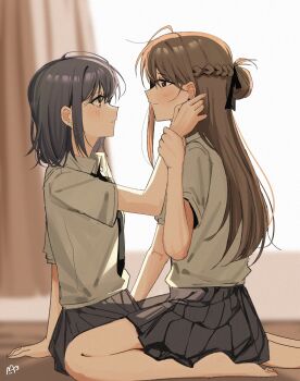 2girls absurdres barefoot black_necktie blue_eyes blue_hair blush braid brown_hair chibi chinese_commentary closed_mouth commentary_request couple curtains grey_skirt haidao_mao half_up_braid highres holding_another&#039;s_wrist long_hair miyagi_shiori multiple_girls necktie pleated_skirt purple_eyes sendai_hazuki shirt short_hair shuuniichido_classmate_wo_kau_hanashi sidelocks skirt straddling white_shirt yuri