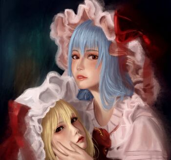 Rule 34 | 2girls, absurdres, blonde hair, blue hair, bow, closed mouth, eyelashes, flandre scarlet, hair between eyes, hand on another's cheek, hand on another's face, hashtag-only commentary, hat, hat bow, hat ribbon, highres, lips, long hair, looking at viewer, mob cap, multiple girls, nose, oreosan, parted lips, pink hat, pink shirt, portrait, realistic, red bow, red eyes, red lips, red ribbon, remilia scarlet, ribbon, shirt, siblings, sisters, touhou, white hat