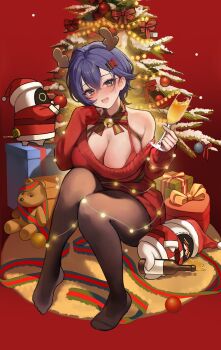 1girl alternate_breast_size_(larger) alternate_costume bell belle_(zenless_zone_zero) black_pantyhose blue_eyes blush bow bowtie bra breasts christmas_tree cleavage crossed_bangs cup double-parted_bangs ear_blush full_body glass hair_between_eyes hair_ornament hands_up highres holding holding_cup large_breasts letter_hair_ornament long_bangs long_sleeves looking_at_viewer neck_bell off-shoulder_sweater off_shoulder open_mouth pantyhose purple_hair red_bra red_sweater short_hair sitting sleeves_past_wrists smile solo striped_bow striped_bowtie striped_clothes sweater underwear upper_body yuna_(deadawon) zenless_zone_zero
