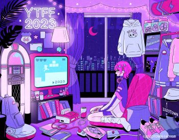 1girl animal_print apartment book cable can cat_print city cityscape clothes_hanger crescent_moon curtains drink_can hair_ornament hairclip headphones headphones_around_neck highres hood hoodie jukebox lamp looking_at_screen looking_to_the_side lotion_bottle moon multicolored_clothes nakazawa_ayami night night_sky original pink_hair pink_shirt pink_shoes plant playing_games potted_plant purple_bag purple_eyes purple_shirt purple_sweater shirt shoes short_hair sitting skateboard sky socks soda_can string_of_light_bulbs sweater television wariza watching_television white_hoodie white_socks