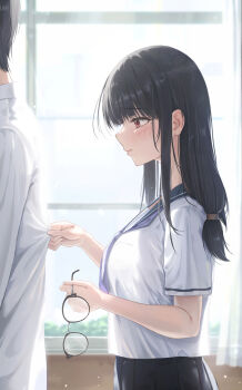 1boy 1girl absurdres black_hair black_sailor_collar black_skirt breasts closed_mouth clothes_grab collared_shirt cowboy_shot day from_side front-to-back glasses hetero highres holding holding_removed_eyewear indoors kimchi_(user_mpzz8457) long_hair looking_at_another low-tied_long_hair medium_breasts mole mole_under_eye neckerchief original out_of_frame purple_neckerchief red_eyes revision sailor_collar school_uniform serafuku shirt short_hair short_sleeves skirt sunlight untucked_shirt unworn_eyewear white_shirt window