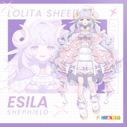 Rule 34 | 1girl, :d, bell, beret, blunt bangs, blush, boots, bow, breasts, capelet, character name, commentary, dress, english commentary, english text, esila shephield, flower, frilled dress, frills, full body, grid, hair intakes, hat, hat flower, layered dress, logo, long hair, lushuao, neck bell, nexas (vtuber agency), official art, open mouth, pink dress, pom pom (clothes), purple bow, purple hair, sheep girl, sidelocks, smile, standing, teeth, tongue, very long hair, virtual youtuber, wavy hair, white capelet, white footwear, white hat, yellow eyes