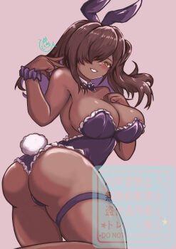 1girl alternate_costume ass ass_focus bare_shoulders blush breasts cameltoe come_hither dark_skin from_behind goddess_of_victory:_nikke hair_over_one_eye hithuji_yume huge_ass large_breasts leotard long_hair looking_at_viewer looking_back multicolored_hair naga_(nikke) naughty_face orange_eyes playboy_bunny purple_hair rabbit_ears rabbit_tail smile solo tail thick_thighs thigh_strap thighs thong thong_leotard two_side_up v