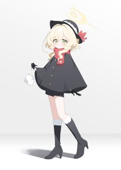 1girl :3 absurdres bag black_cloak black_gloves black_hat black_shorts blonde_hair blue_archive blush boots bow cloak commentary fur-trimmed_boots fur_trim gloves green_eyes halo handbag hat hat_bow high_heel_boots high_heels highres holding holding_bag honi_(honi1010) knee_boots long_hair looking_at_viewer professor_niyaniya_(blue_archive) red_bow red_scarf scarf shorts simple_background solo symbol-only_commentary white_background white_bag yellow_halo