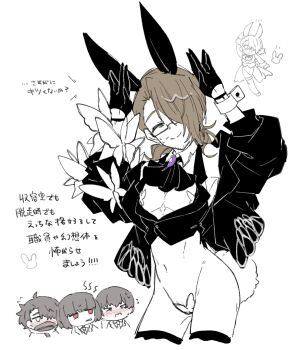 >_< 1girl 3boys adapted_costume alternate_costume angry animal_ears animal_print annoyed arms_up ascot bare_shoulders beard_stubble black-framed_eyewear black-framed_glasses black_ascot black_gloves black_hair black_thighhighs black_vest blunt_bangs blunt_ends blush bob_cut brooch brown_hair bug butterfly butterfly_on_arm butterfly_pasties butterfly_print chibi chibi_inset cigarette closed_eyes closed_mouth coat coffin collared_shirt covered_mouth cowboy_shot cropped_legs cropped_vest crossdressing detached_collar e.g.o_(project_moon) embarrassed expressionless facial_hair fake_animal_ears fake_tail flats flying_sweatdrops formal_clothes from_side gem glasses gloves gluteal_fold gregor_(project_moon) greyscale groin hair_between_eyes hair_over_one_eye half-closed_eyes half_gloves highres holding holding_coffin implied_cuntboy insect jewelry jitome lily26983455 limbus_company long_coat long_hair long_sleeves looking_at_another looking_to_the_side looking_up low_ponytail maebari male_focus male_playboy_bunny mask meursault_(project_moon) monochrome mouth_hold mouth_mask multiple_boys navel nose_blush notice_lines off-shoulder_coat off_shoulder official_alternate_costume one_eye_covered open_clothes open_mouth parted_bangs partially_colored pasties pectoral_cleavage pectorals playboy_bunny playboy_bunny_vest ponytail project_moon purple_brooch purple_gem rabbit_ears rabbit_pose rabbit_symbol rabbit_tail red_eyes regret_(e.g.o) revealing_clothes ryoshu_(project_moon) sanpaku semi-rimless_eyewear shirt shoes short_hair simple_background sketch smile smoking solemn_lament_(e.g.o) solo_focus standing standing_on_one_leg straitjacket stubble suit sweat sweatdrop tail thighhighs too_many too_many_butterflies under-rim_eyewear upper_body vest white_background wings wrist_cuffs yi_sang_(project_moon)