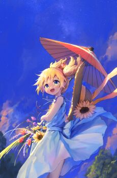 Rule 34 | 1girl, :d, absurdres, alice cartelet, ap04astral, bare arms, bare shoulders, blonde hair, blue eyes, blue sky, commentary request, cowboy shot, dress, floating hair, flower, hair floating upwards, highres, holding, holding umbrella, kin-iro mosaic, looking at viewer, oil-paper umbrella, open mouth, outdoors, red flower, red rose, red umbrella, rose, short hair, sky, sleeveless, sleeveless dress, smile, solo, sunflower, twintails, umbrella, white dress