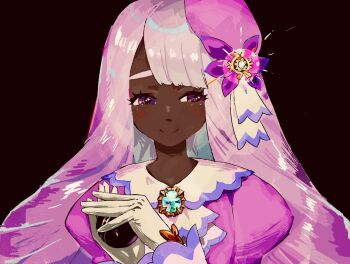 1girl ascot black_background bow brooch cairngorm999 dark-skinned_female dark_skin dress fascinator frilled_ascot frills gem glove_bow gloves glowing_gem hands_up highres holding holding_poke_ball jacinthe_(pokemon) jewelry juliet_sleeves light_blush long_hair long_sleeves looking_at_viewer low_drills luxury_ball nintendo poke_ball pokemon pokemon_legends:_z-a puffy_sleeves purple_dress purple_eyes purple_hair smile solo upper_body very_dark_skin white_gloves yellow_bow