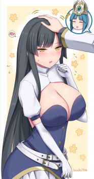 2girls aqua_hair belt black_hair blunt_bangs blush bob_cut breasts cleavage closed_eyes dress elbow_gloves gloves hat headpat highres hime_cut kaguya_jingu large_breasts long_hair multiple_girls open_mouth short_hair silvaria_(under_night_in-birth) soukitsu speech_bubble spoken_blush under_night_in-birth under_night_in-birth_2_sys:celes very_long_hair white_gloves yellow_eyes